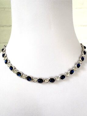 Silver Necklace with Oval Blue and Round Clear Stones